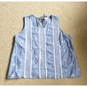 Womens Top-MOLLY & ISADORA-blue/white gingham embroidered eyelet Cottagecore-2X